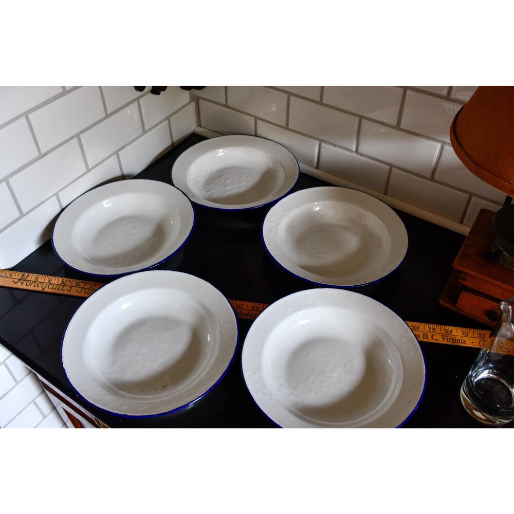 Set 5 Vintage Enamelware Soup Bowls Blue Trim, Camp Dining by April Cornell